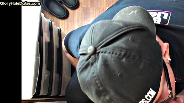 Gloryhole DILF with glasses sucks cock with mouth