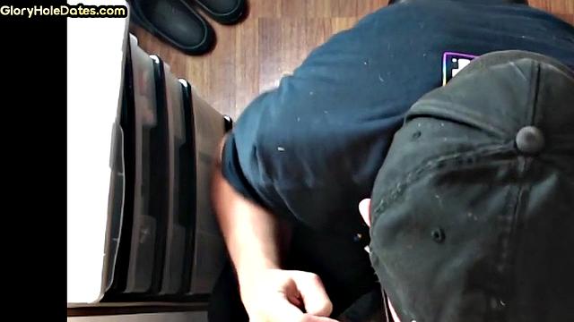 Gloryhole DILF with glasses sucks cock with mouth