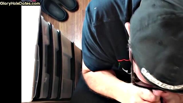 Gloryhole DILF with glasses sucks cock with mouth