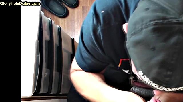 Gloryhole DILF with glasses sucks cock with mouth