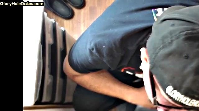 Gloryhole DILF with glasses sucks cock with mouth