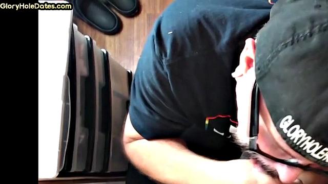 Gloryhole DILF with glasses sucks cock with mouth