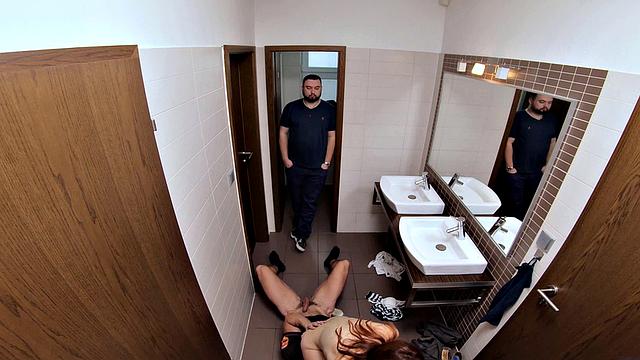 Charlie Red's public bathroom cuckold watches as she gets drilled by her hunter's camera