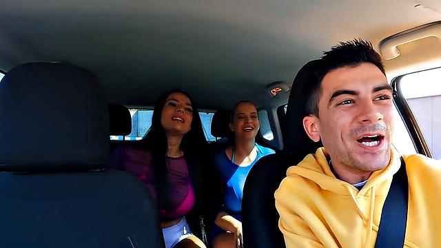 Busty babes suck cock and get fucked before squirting in threesome