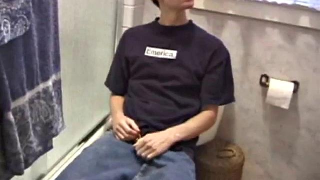 Dan Doe and Jayden have a little bet. Dan claims he can stand on the bathroom counter and shoot his load over onto the shower doors, 5 feet away. $10 is on the table and then $20. Jayden sits on the toilet and plays with himself.