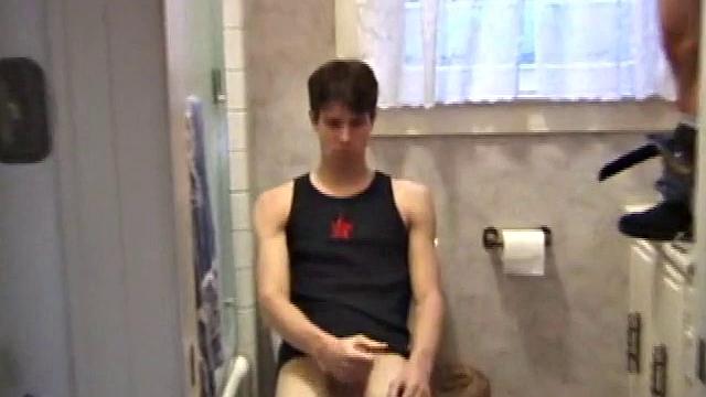 Dan Doe and Jayden have a little bet. Dan claims he can stand on the bathroom counter and shoot his load over onto the shower doors, 5 feet away. $10 is on the table and then $20. Jayden sits on the toilet and plays with himself.