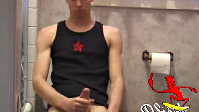 Dan Doe and Jayden have a little bet. Dan claims he can stand on the bathroom counter and shoot his load over onto the shower doors, 5 feet away. $10 is on the table and then $20. Jayden sits on the toilet and plays with himself.