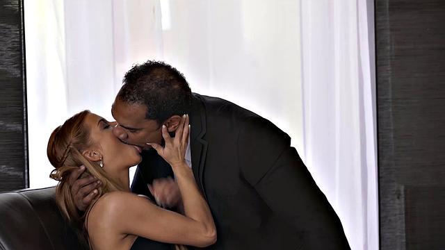 Redhead teen in high heels and thong enjoys getting her bald pussy drilled by a black rod