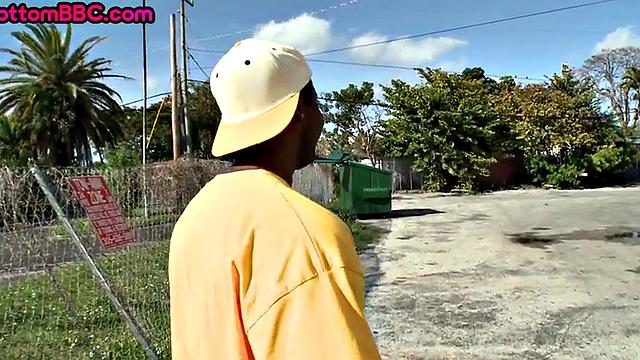 Ebony public passionately bouncing on cock outdoor