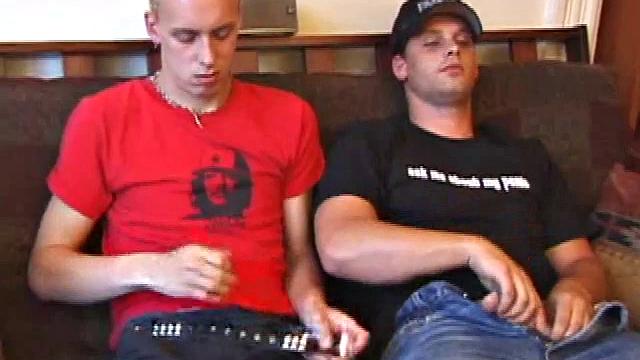 Roar is back and has brought new friend Kalvin Riley to show off. Roar's hand moves to Kalvin's crotch and his boner comes out.