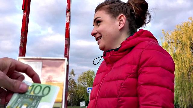 Euro blonde whore gets pounded hard for cash in public without any shame