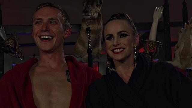 A kinky babe dominate over her male sub with her big tits and brown hair