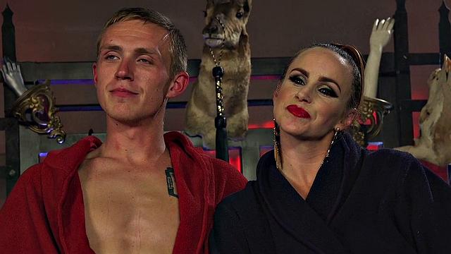 A kinky babe dominate over her male sub with her big tits and brown hair