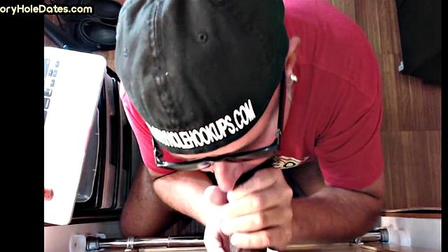 Black gay gets sucked by POV gloryhole at home