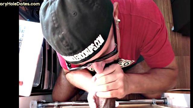 Black gay gets sucked by POV gloryhole at home