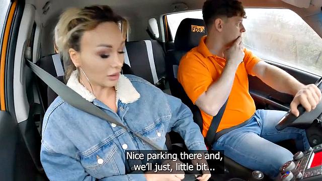 Driving amateur babe fucked by instructor outdoors in car