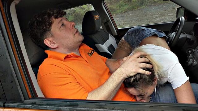 Driving amateur babe fucked by instructor outdoors in car