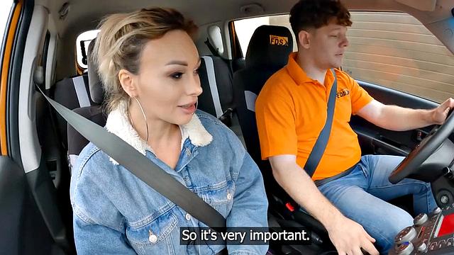 Driving amateur babe fucked by instructor outdoors in car