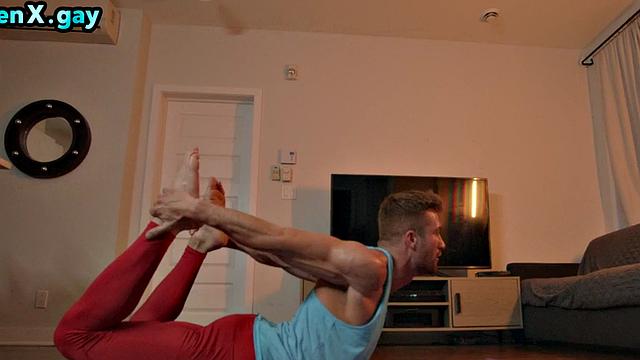 Manly yoga jocks enjoy bareback 3some after stretching