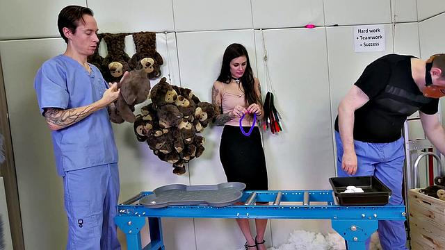 Threeway sub spit roast for BDSM teen