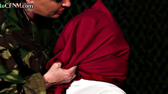 Cruel CFNM military babes ballsucking