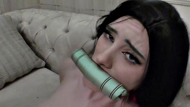 Cosplay beauty banged on couch till cumshot