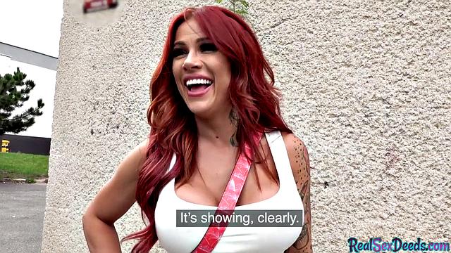 Busty redhead milf gets public pickup and outdoor sex