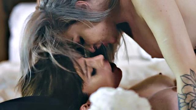 Trans honey lets her inked GF ride her cock in missionary