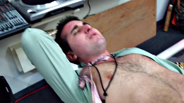 Amateur hairy man pawn fucked in pawnshop threesome after BJ