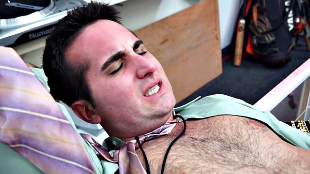 Amateur hairy man pawn fucked in pawnshop threesome after BJ