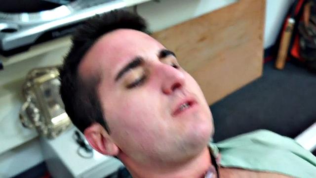 Amateur hairy man pawn fucked in pawnshop threesome after BJ