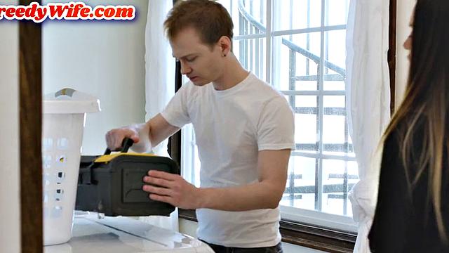 Cheating petite MILF in lingerie gets smashed by electrician