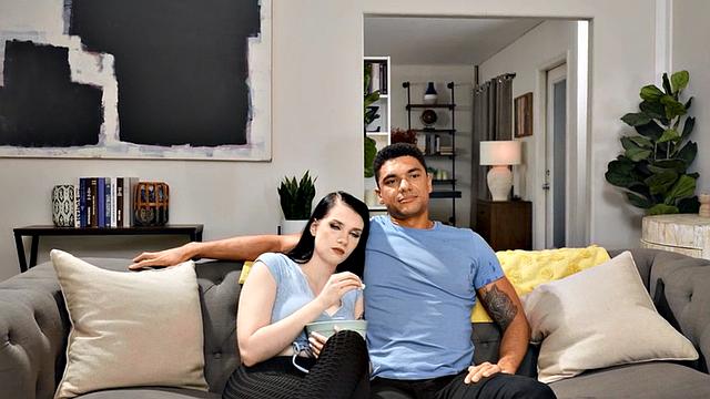 Busty TS babe in sports stockings bareback banged by BF