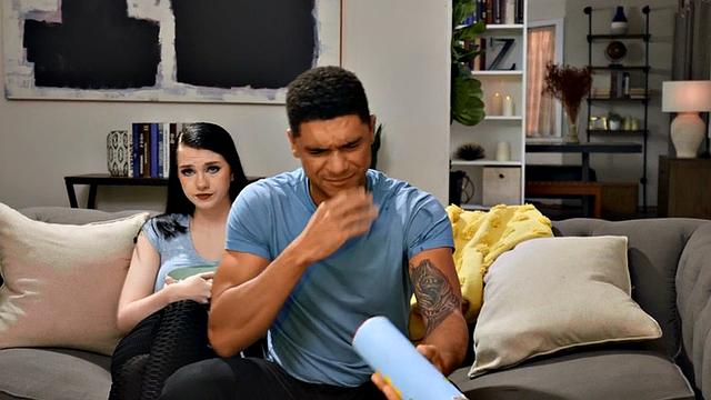 Busty TS babe in sports stockings bareback banged by BF