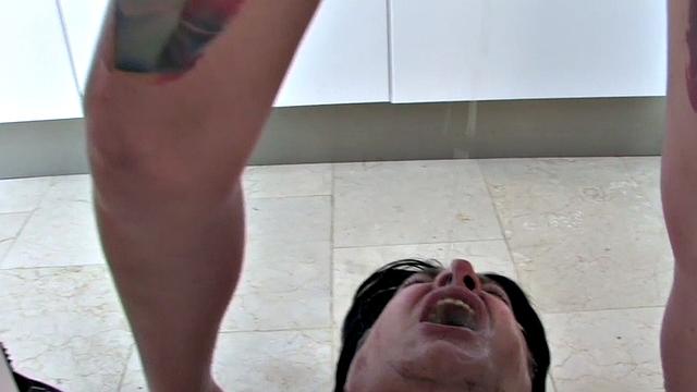 CFNM domina abusing sub with heels in kitchen