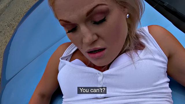 Blonde MILF in lingerie and blouse gets boned in public car bonnet