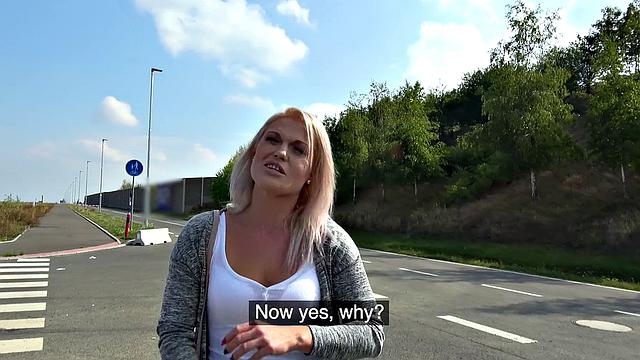 Blonde MILF in lingerie and blouse gets boned in public car bonnet