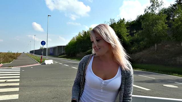 Blonde MILF in lingerie and blouse gets boned in public car bonnet