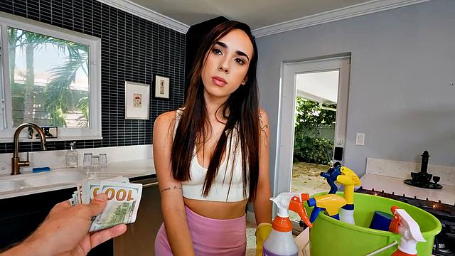 Cheap amateur maid sucks cock and gets fucked after cleaning