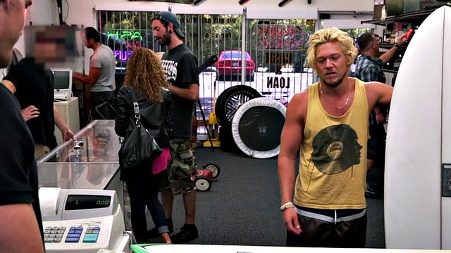 Watch these two hot blondes take turns getting their assholes drilled in the office of the store