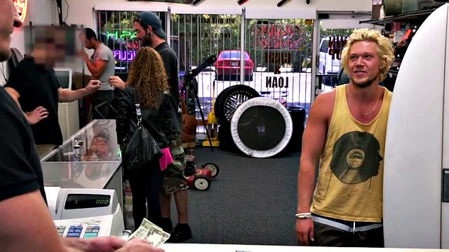 Watch these two hot blondes take turns getting their assholes drilled in the office of the store