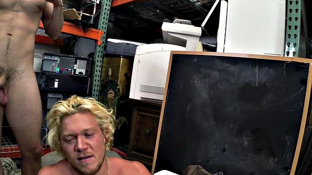 Watch these two hot blondes take turns getting their assholes drilled in the office of the store