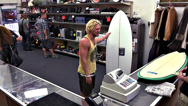 Watch these two hot blondes take turns getting their assholes drilled in the office of the store