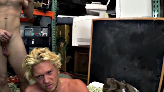 Watch these two hot blondes take turns getting their assholes drilled in the office of the store