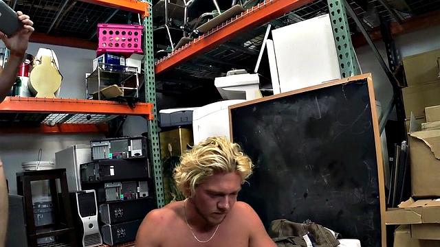 Watch these two hot blondes take turns getting their assholes drilled in the office of the store