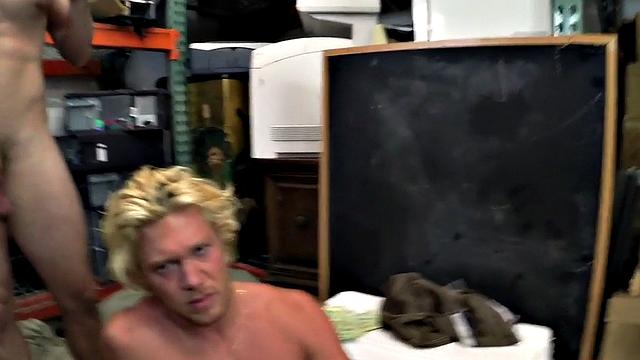 Watch these two hot blondes take turns getting their assholes drilled in the office of the store