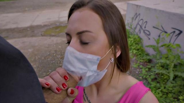 Real busty slut gives head outdoor