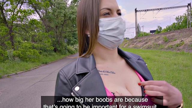 Real busty slut gives head outdoor