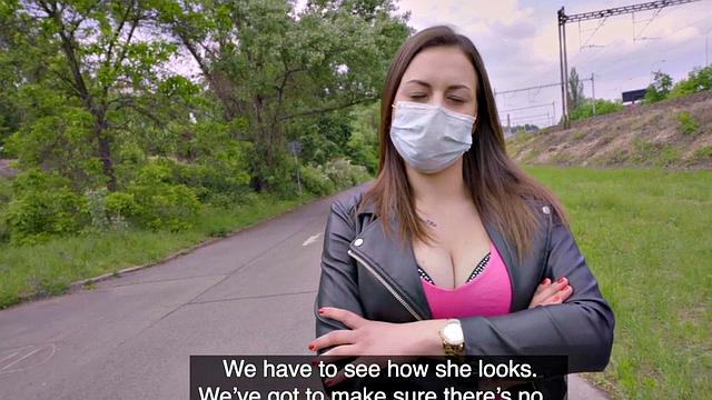 Real busty slut gives head outdoor