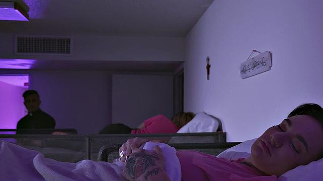 Femdom inked CFNM babe pegs priest's ass in church dorm